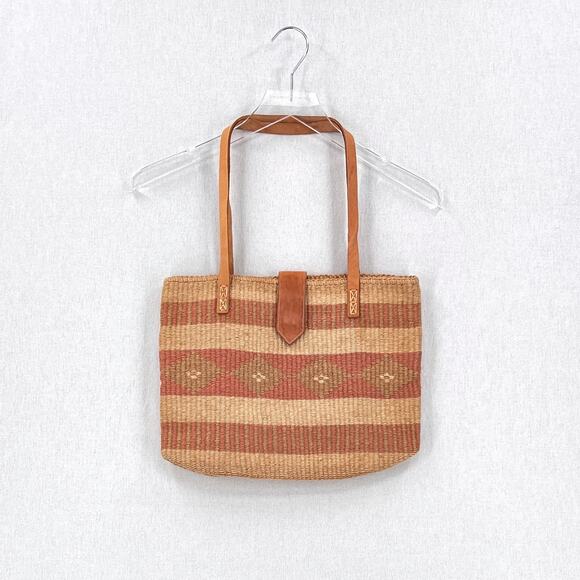 VINTAGE 60s 70s Straw Woven Tote Leather Double Handle Stripe Shoulder Bag - Picture 1 of 14